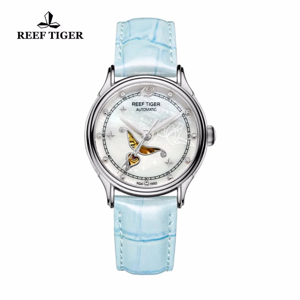 Reef Tiger Relojes automáticos elegantes y a la moda, reloj de acero con esfera de fregona blanca y diamantes para mujer RGA1550