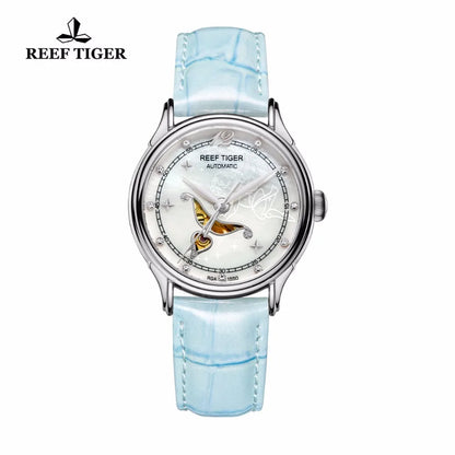 Reef Tiger Relojes automáticos elegantes y a la moda, reloj de acero con esfera de fregona blanca y diamantes para mujer RGA1550