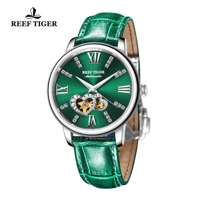 Reef Tiger/RT New Design Fashion Ladies Watch Rose Gold Green Dial Mechanical Watch Leather Band Montre Femme RGA1580