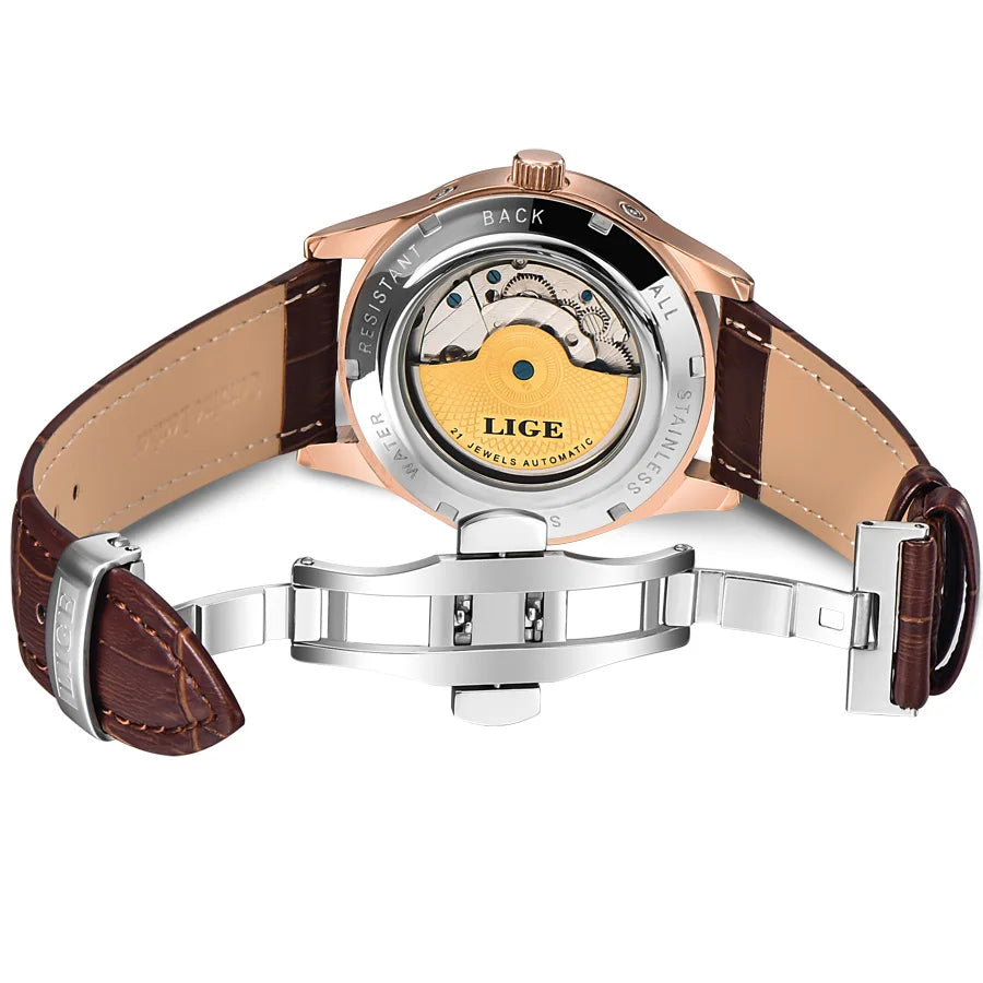 LIGE Brand Women Watch Automatic Mechanical Watch Tourbillon Fashion Clock Leather Casual Waterproof Wristwatch relogio feminino