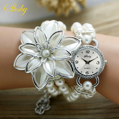 Shsby, relojes de moda para mujer con diamantes de imitación, correa de perlas para mujer, pulsera de flores de muchos pétalos, relojes de pulsera de cuarzo, relojes de vestir para mujer