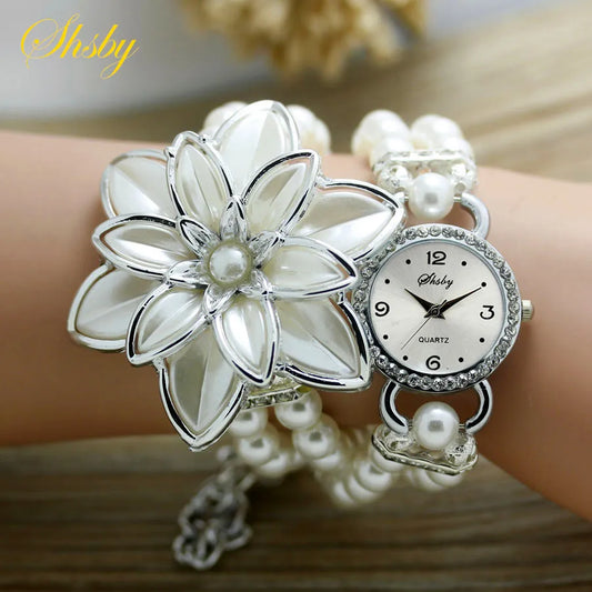 Shsby, relojes de moda para mujer con diamantes de imitación, correa de perlas para mujer, pulsera de flores de muchos pétalos, relojes de pulsera de cuarzo, relojes de vestir para mujer