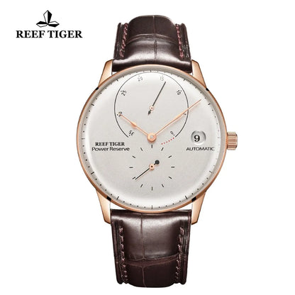 Reef Tiger/RT Luxury Business Dress Mens Rose Gold Automatic Watch Genuine Leather Strap Waterproof Clock RGA82B0-2