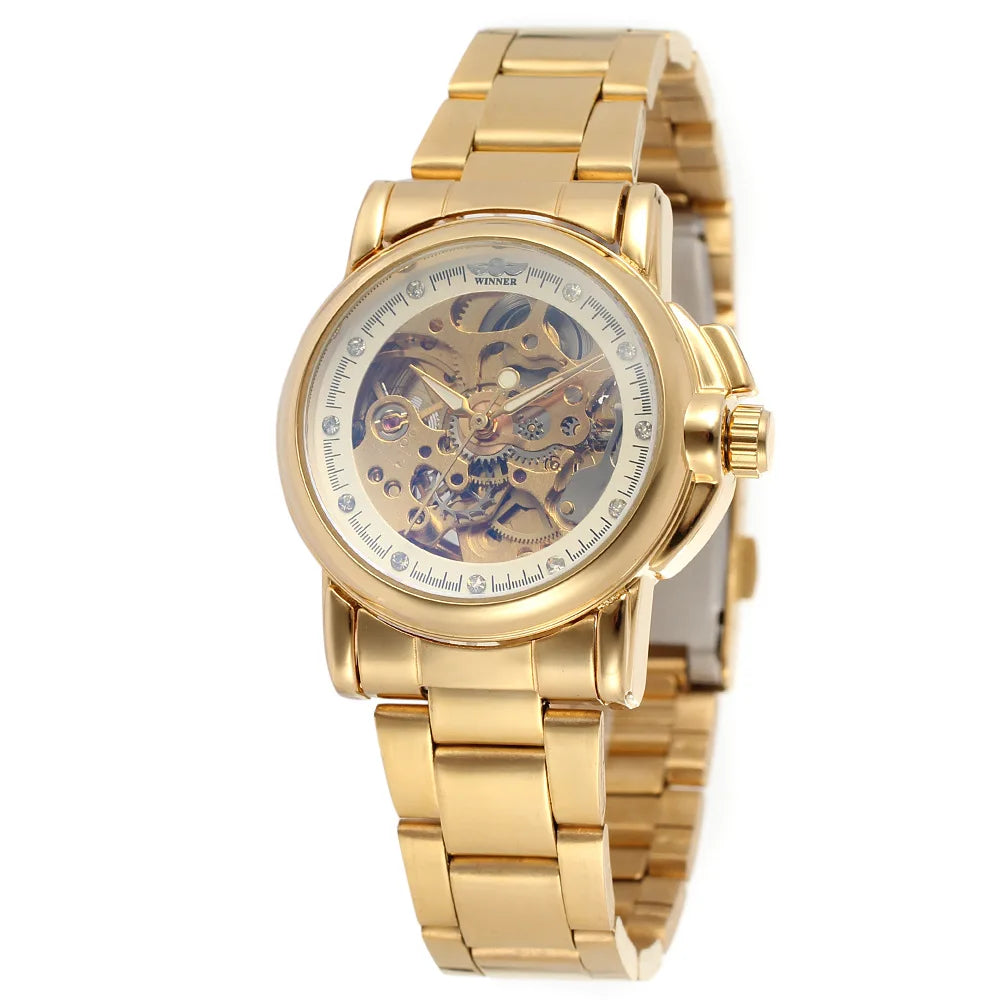 Relojes mecánicos automáticos dorados de lujo para mujer, reloj de acero inoxidable a la moda para mujer, reloj con esqueleto hueco de cristal Saati