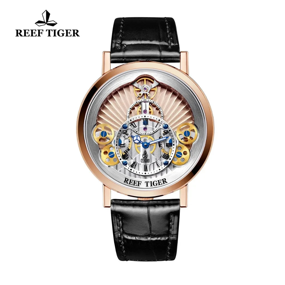 Reef Tiger/RT hombres diseñador casual moda relojes de cuarzo esqueleto zafiro correa de cuero oro rosa reloj RGA1958