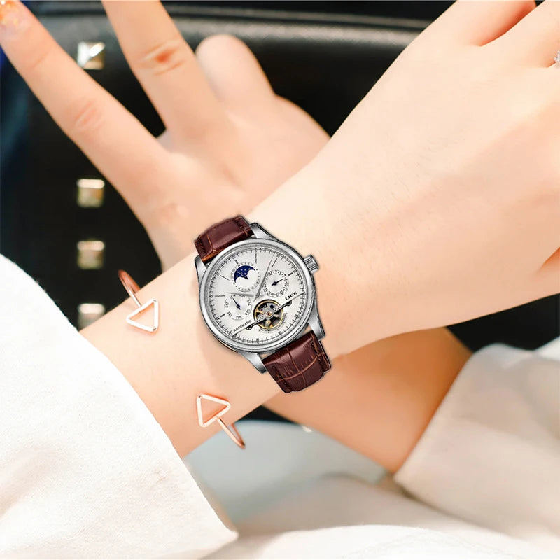 LIGE Brand Women Watch Automatic Mechanical Watch Tourbillon Fashion Clock Leather Casual Waterproof Wristwatch relogio feminino