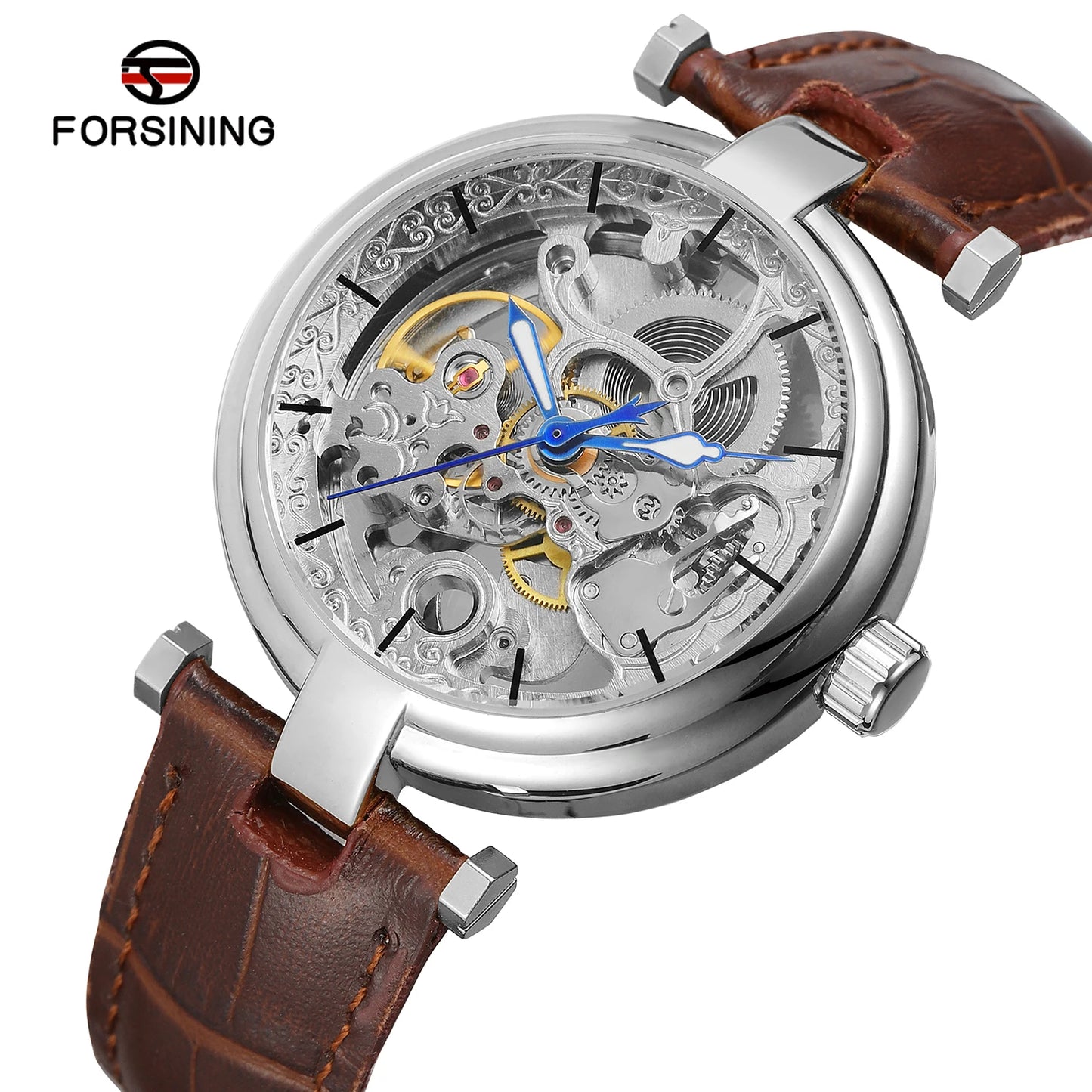 Forsining Retro Men Transparent Automatic Wrist Watch Unique Design Hollow Out Skeleton Leather Mechanical Clock Relojes Hombres