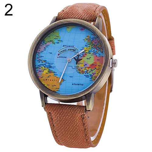 Hot Sale Mini World Fashion Quartz Watch Men Unisex Map Airplane Travel Around The World Women Leather Dress Wrist Watch Clock