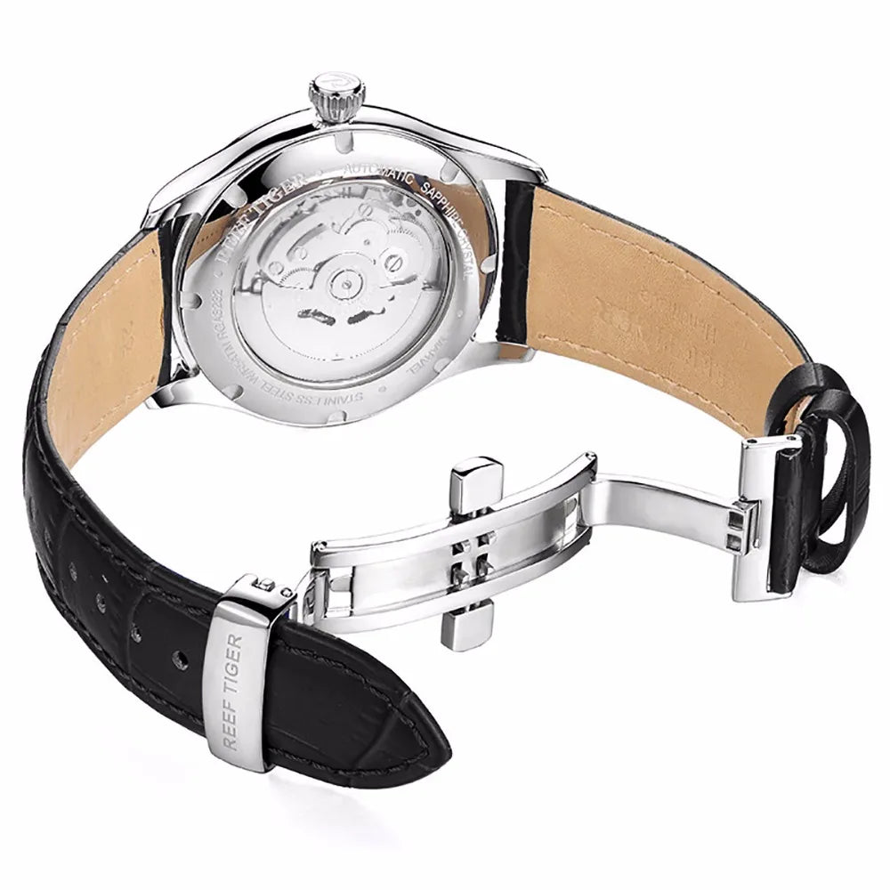 Reef Tiger/RT relojes mecánicos de negocios cristal de zafiro acero 316L correa de cuero genuino reloj banda de cuero RGA823G