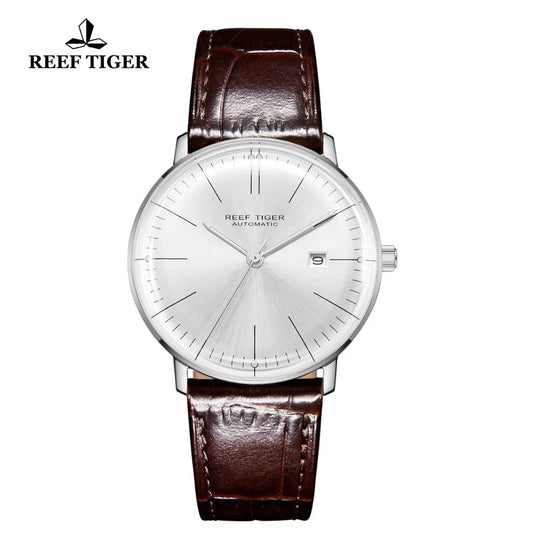 Reloj ultrafino de marca de lujo Reef Tiger/RT 2020, relojes automáticos de acero para hombre, reloj con correa de cuero marrón resistente al agua RGA8215