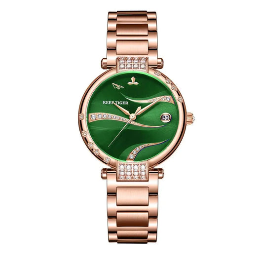 Reef Tiger/RT Reloj de acero inoxidable con caja de oro rosa a la moda para mujer, calendario analógico, esfera verde automática RGA1589