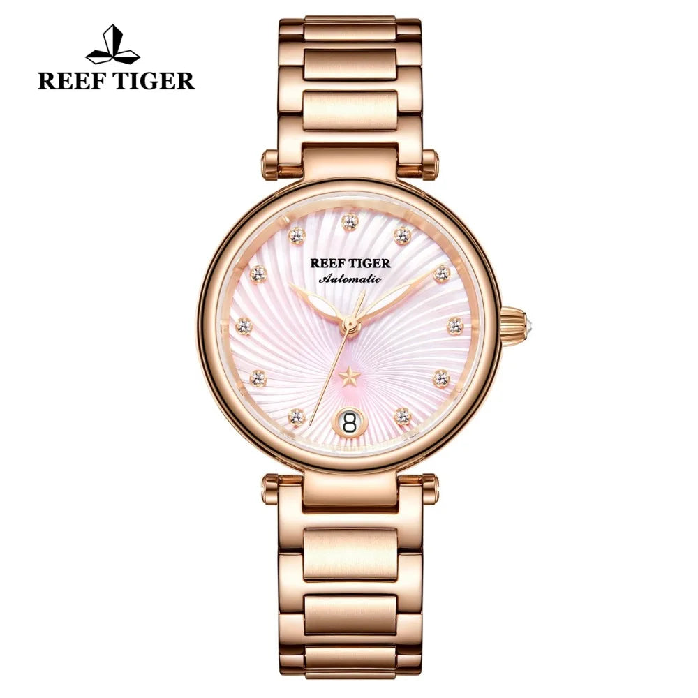 Reef Tiger/RT marca superior de lujo para mujer reloj de oro rosa para mujer pulsera de diamantes relojes fecha reloj femenino regalo RGA1590