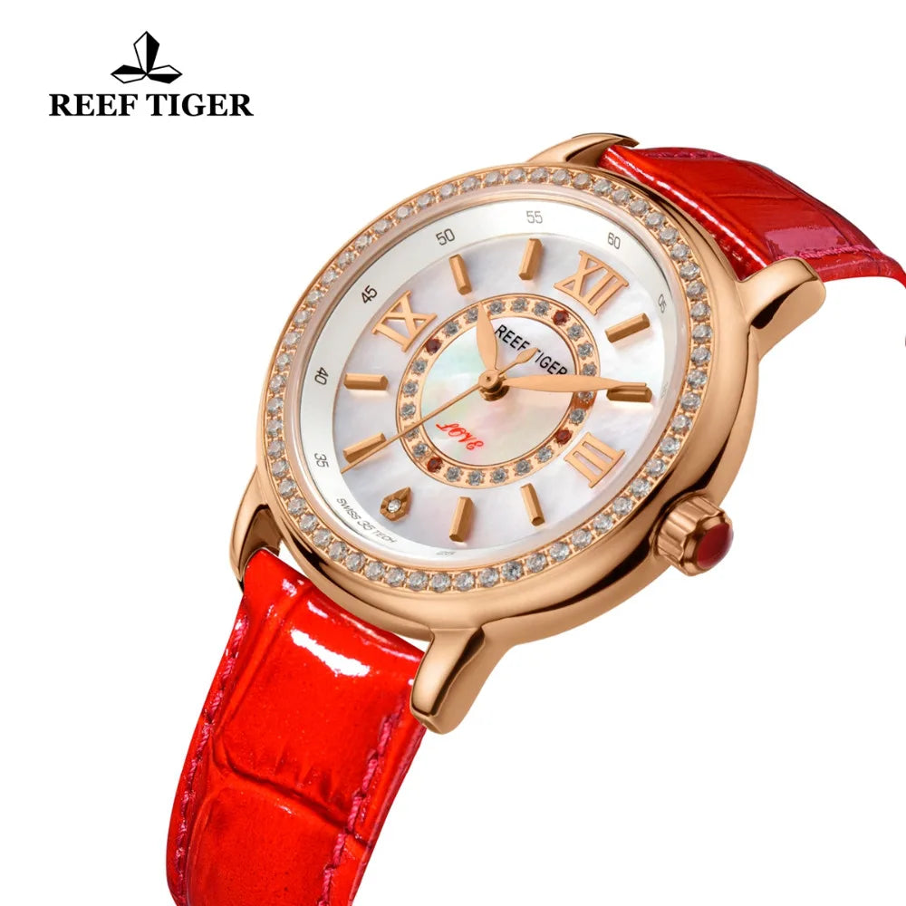 Reef Tiger/RT relojes de lujo de la mejor marca, reloj de cuarzo resistente al agua con correa de cuero rojo para mujer, reloj de regalo para esposa RGA1563