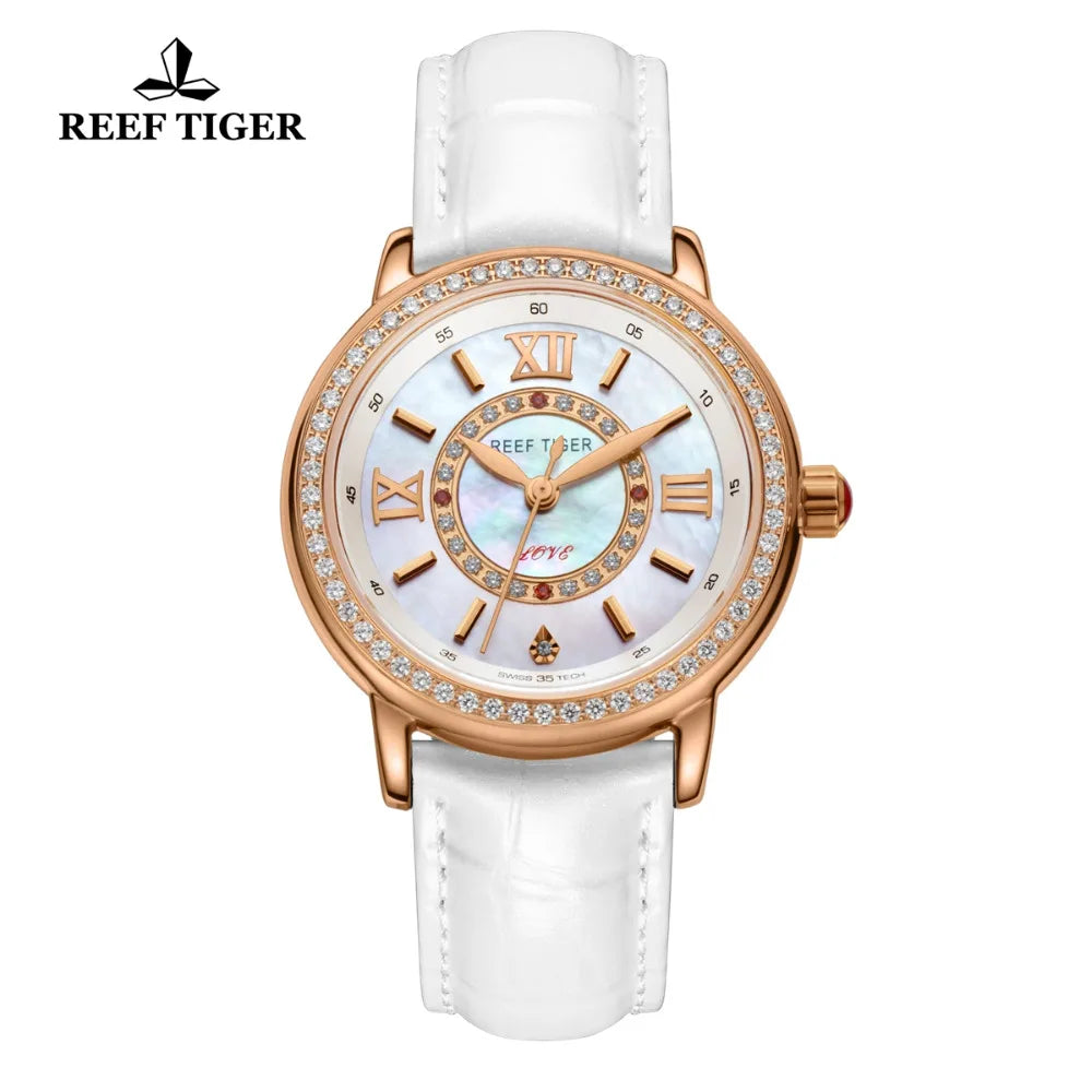 Reef Tiger/RT relojes de lujo de la mejor marca, reloj de cuarzo resistente al agua con correa de cuero rojo para mujer, reloj de regalo para esposa RGA1563