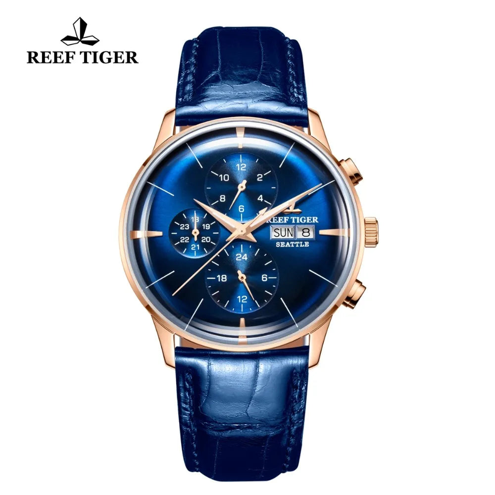 Reef Tiger/RT-Reloj de marca de lujo para hombre, resistente al agua, automático, con correa de cuero azul, RGA1699, 2021