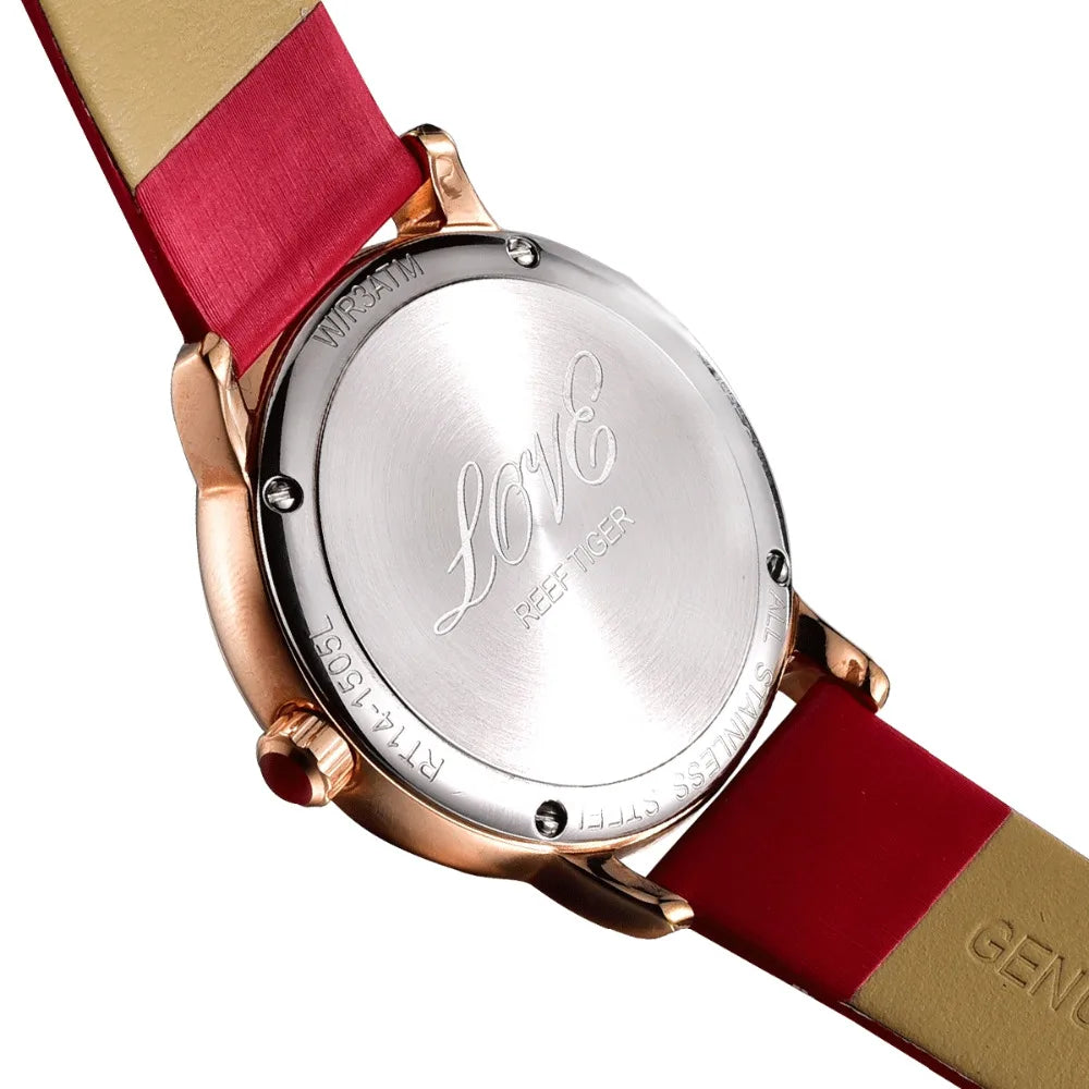 Reef Tiger/RT relojes de lujo de la mejor marca, reloj de cuarzo resistente al agua con correa de cuero rojo para mujer, reloj de regalo para esposa RGA1563