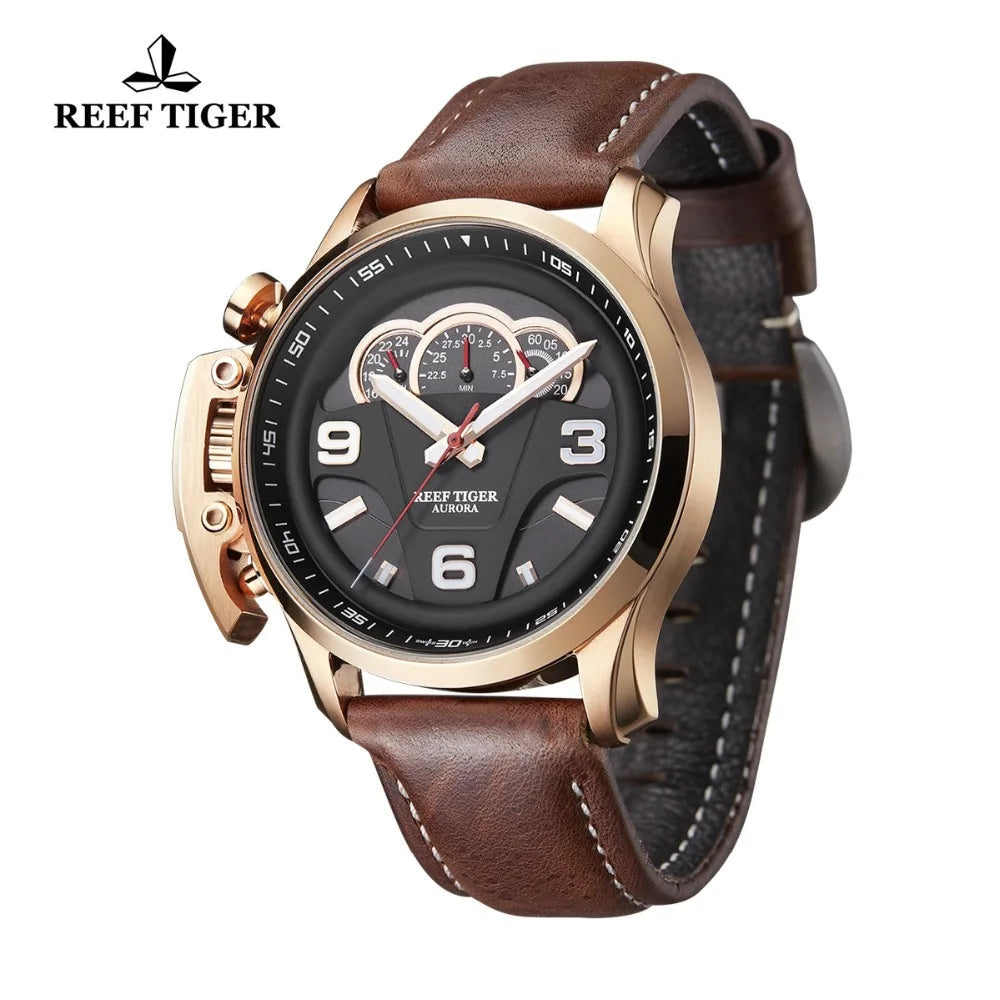 Reef Tiger/RT relojes deportivos de lujo para hombre, relojes analógicos resistentes al agua de oro rosa, reloj cronógrafo luminoso RGA2105