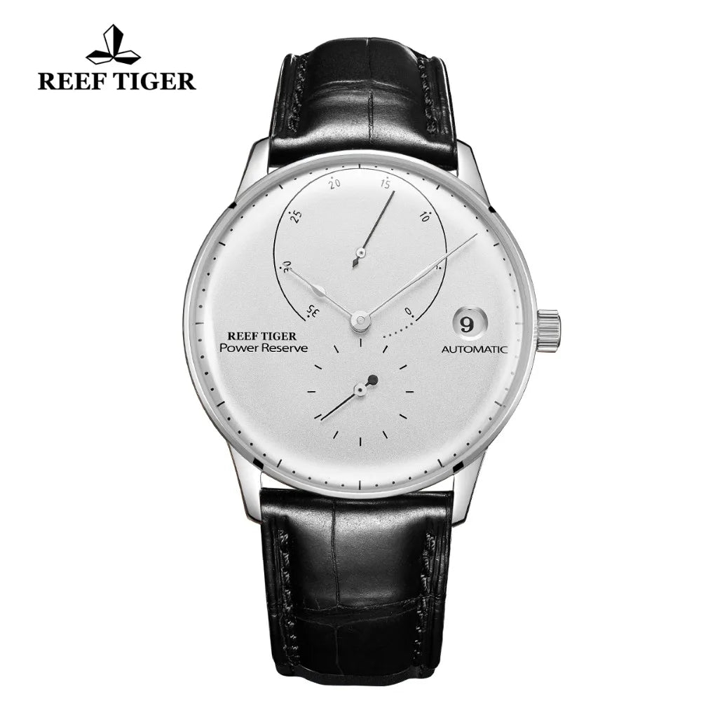 Reef Tiger/RT Fashion Casual Watches Mens Stainless Steel Automatic Watch White Dial Leather Strap Waterproof Watch RGA82B0-2