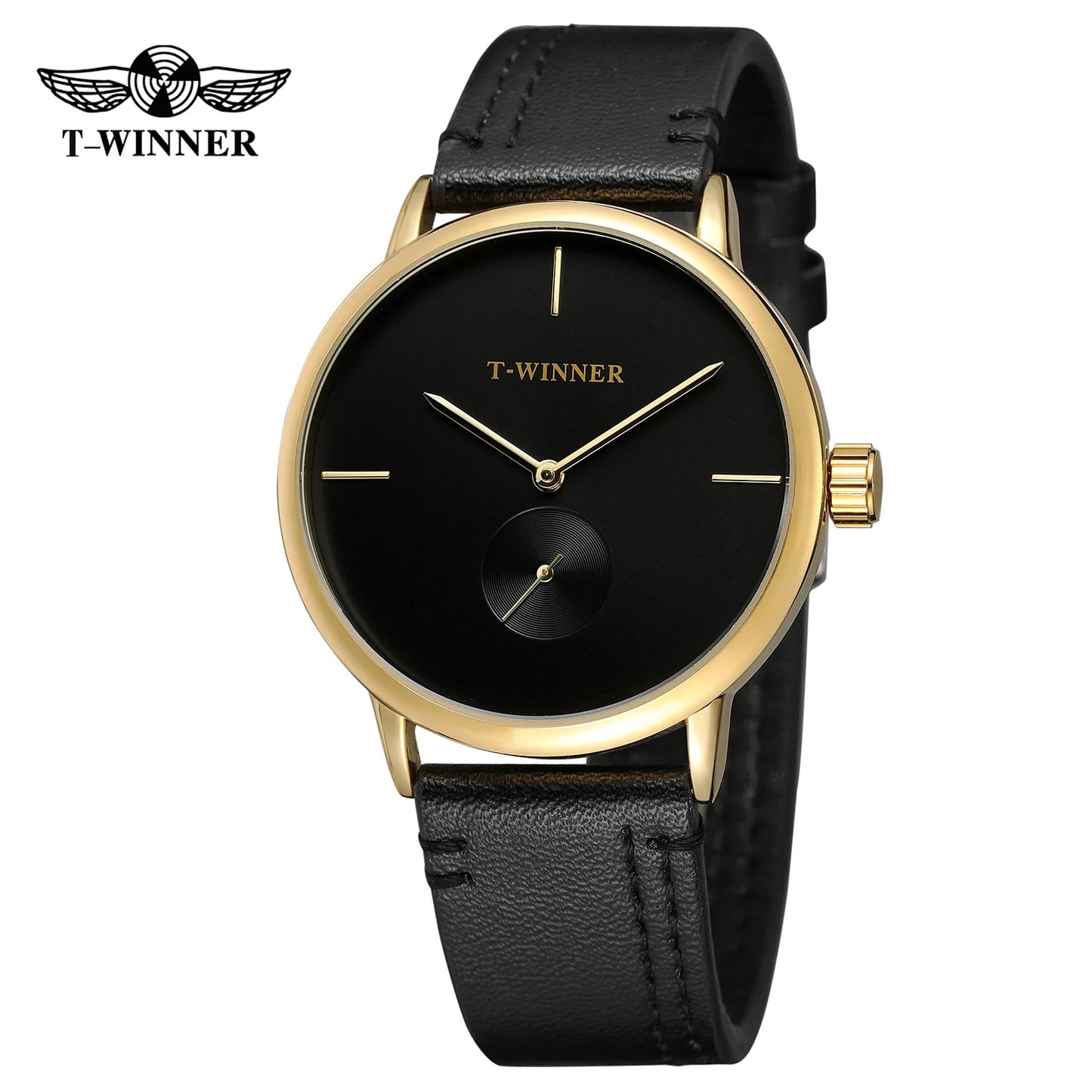 Fashion T-winner Top Brand Men Mechanical Watches Genuine Leather Strap Luxury Business Men's Black Case Dress Relogio Masculino