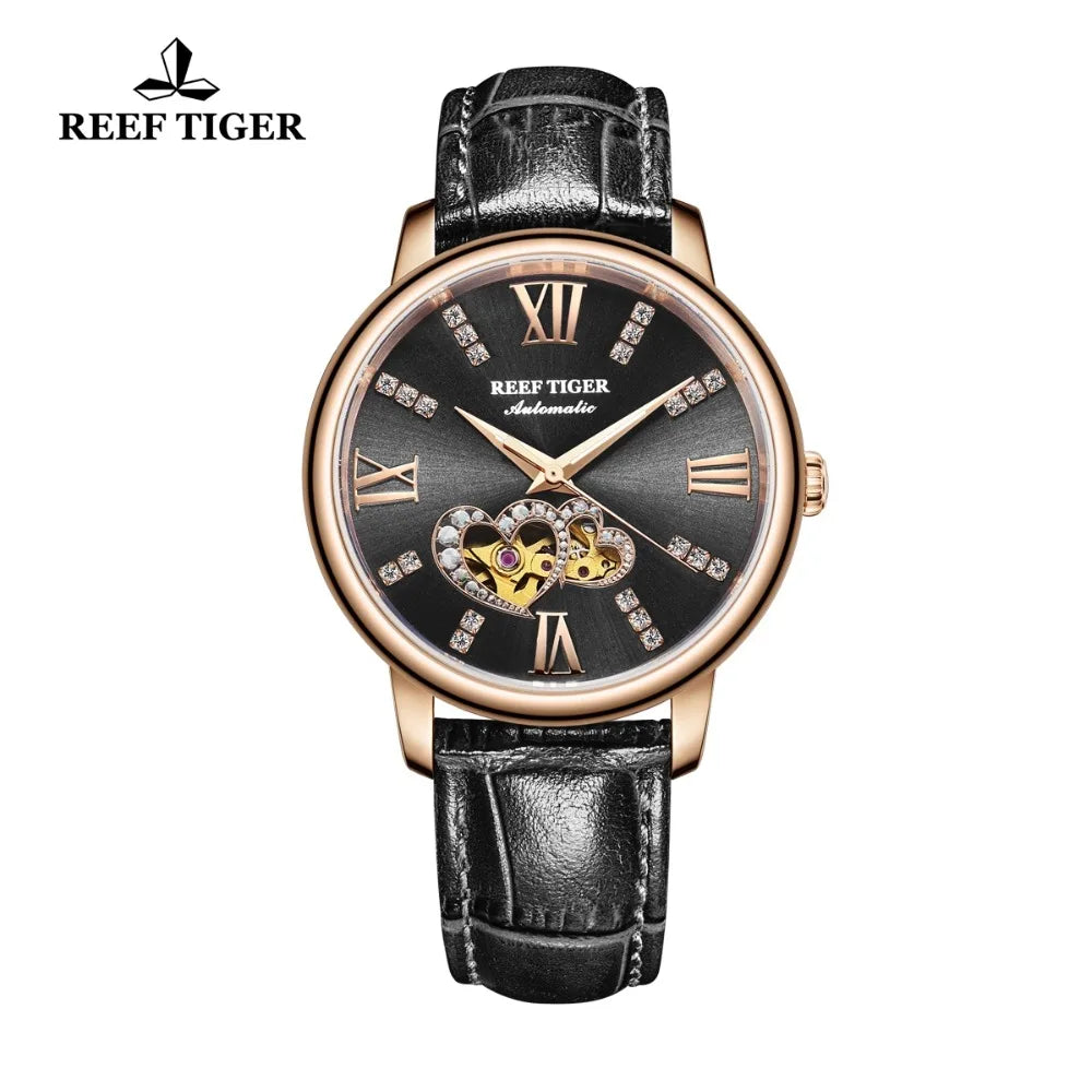 New Reef Tiger/RT Luxury Fashion Lady Watches Black Dial Diamond Watch Genuine Leather Strap Montre Femme RGA1580