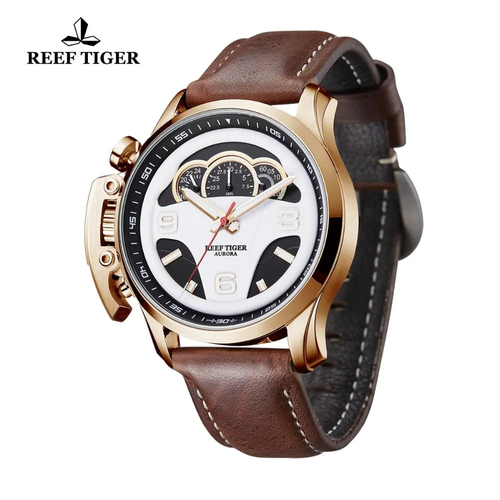 Reef Tiger/RT Relojes deportivos de moda para hombre Esfera de tablero Correa de cuero genuino Cronógrafo Relojes de parada RGA2105