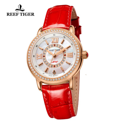 Reef Tiger/RT relojes de lujo de la mejor marca, reloj de cuarzo resistente al agua con correa de cuero rojo para mujer, reloj de regalo para esposa RGA1563