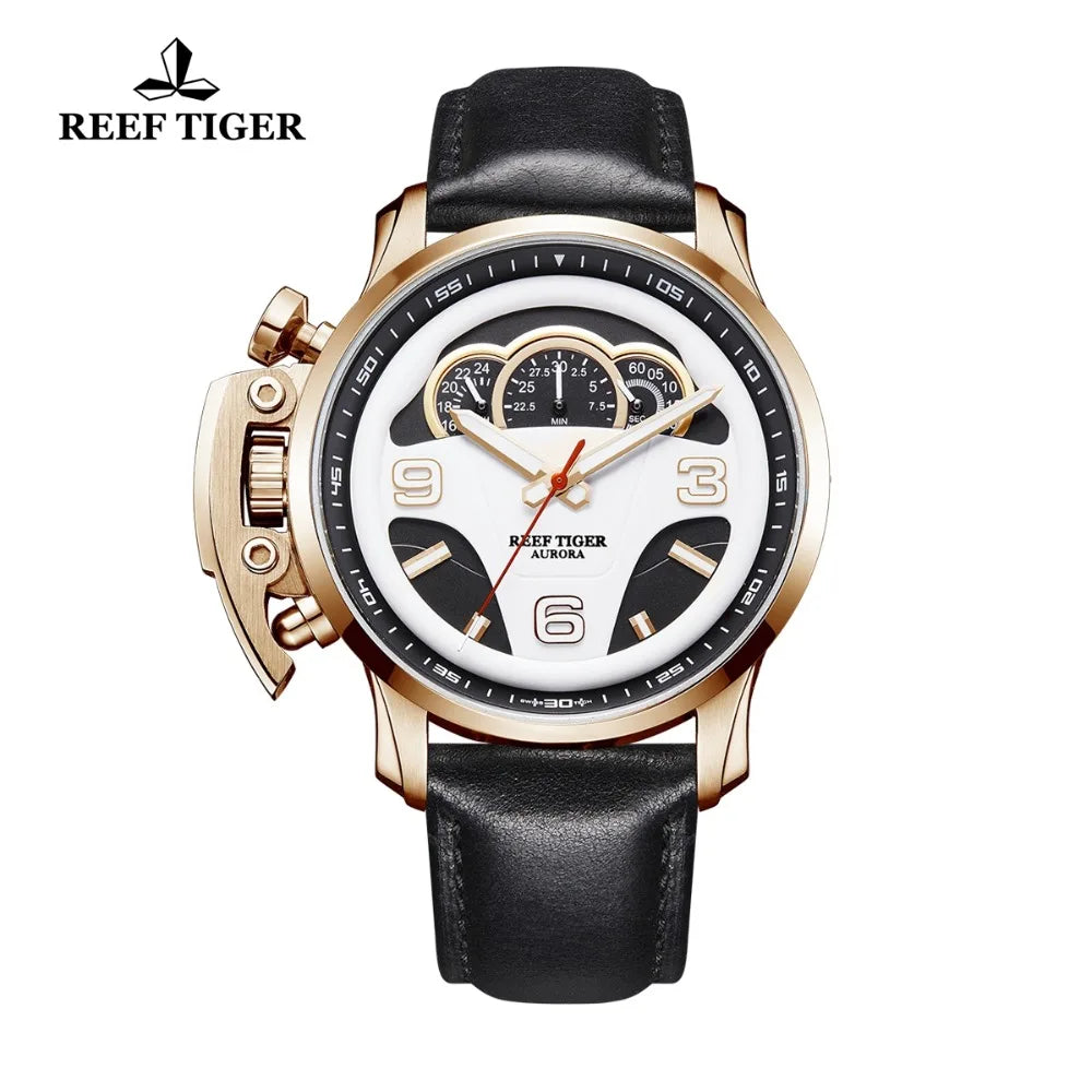 Reef Tiger/RT Relojes deportivos de moda para hombre Esfera de tablero Correa de cuero genuino Cronógrafo Relojes de parada RGA2105