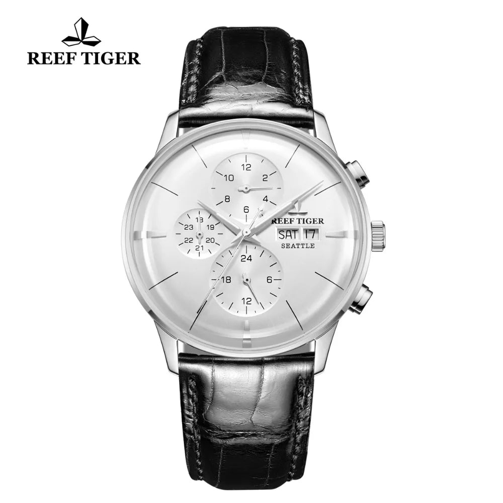 Reef Tiger/RT cronógrafo para hombre, reloj multifunción de lujo, relojes automáticos ultrafinos, banda de cuero RGA1699