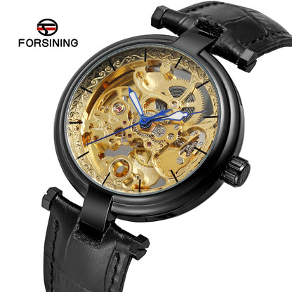 Forsining Retro Men Transparent Automatic Wrist Watch Unique Design Hollow Out Skeleton Leather Mechanical Clock Relojes Hombres