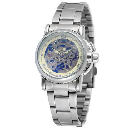 Relojes mecánicos automáticos dorados de lujo para mujer, reloj de acero inoxidable a la moda para mujer, reloj con esqueleto hueco de cristal Saati