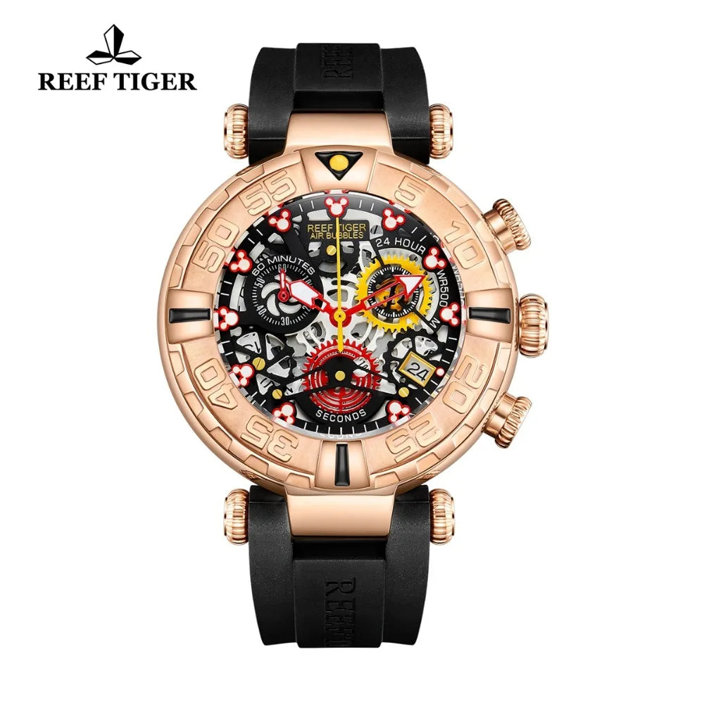 Reef Tiger/RT marca superior relojes deportivos para hombre relojes esqueleto dorado rosa con cronógrafo reloj hombre masculino RGA3059-S