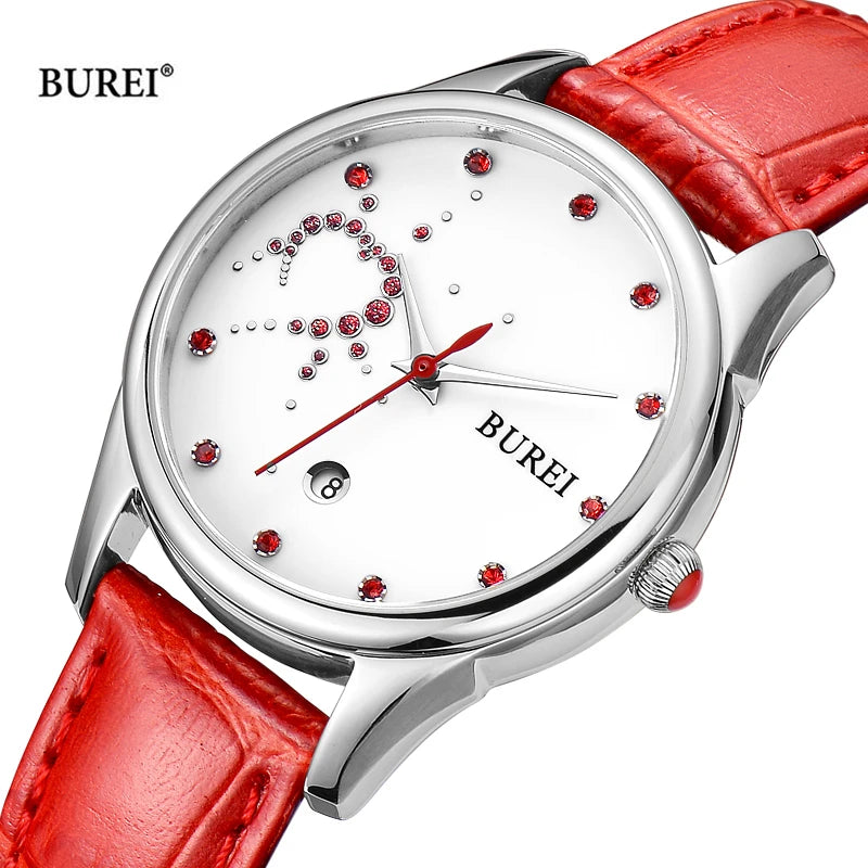 Marca BUREI, relojes de pulsera de cuero de moda para mujer, reloj de pulsera de cuarzo con calendario de zafiro resistente al agua de lujo, reloj femenino