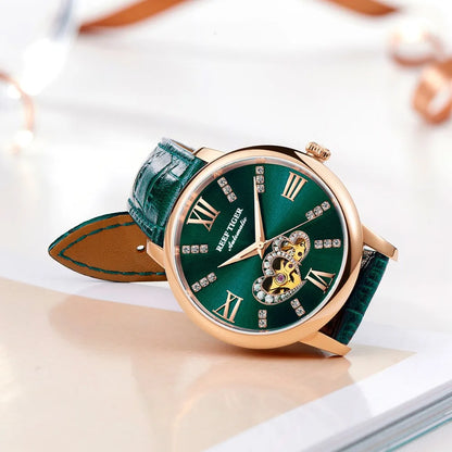 Reef Tiger/RT New Design Fashion Ladies Watch Rose Gold Green Dial Mechanical Watch Leather Band Montre Femme RGA1580