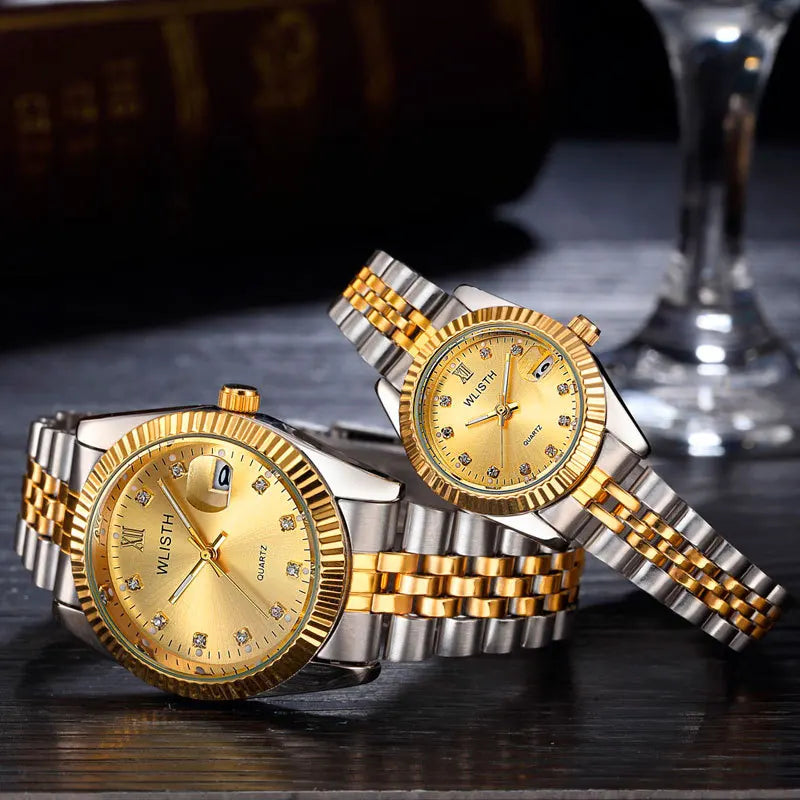 2023 WLISTH Luxury Gold Watch Lady Men Lover Stainless Steel Quartz Waterproof Male Wristwatches for men Analog Auto date clcok