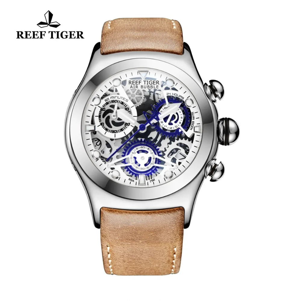 Reef Tiger/RT Casual Sport Watches for Men Blue Skeleton Dial Leather Strap Steel Waterproof Analog Watches Relogio RGA792