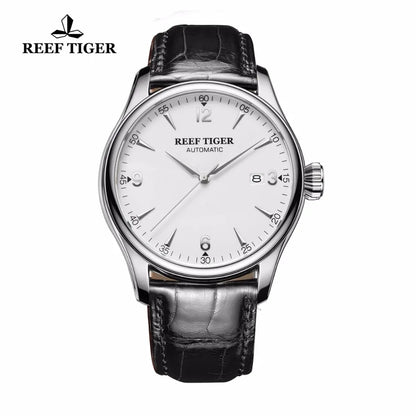 Reef Tiger/RT relojes mecánicos de negocios cristal de zafiro acero 316L correa de cuero genuino reloj banda de cuero RGA823G