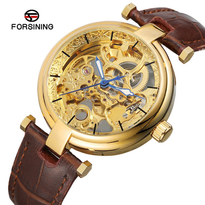 Reloj de pulsera Forsining Retro para hombre, transparente, automático, diseño único, esqueleto calado, reloj mecánico de cuero, Relojes para Hombres