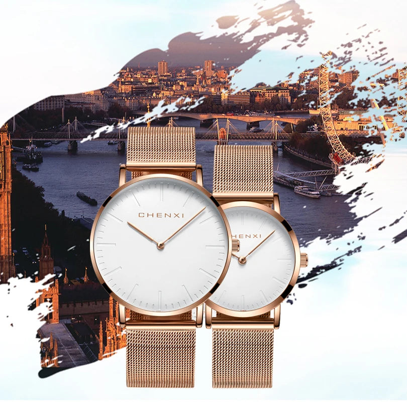 CHENXI, relojes para amantes del oro rosa a la moda, reloj de cuarzo ultrafino resistente al agua para hombre, reloj elegante de marca de lujo para mujer, reloj para mujer