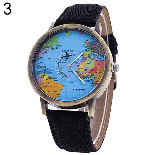 Hot Sale Mini World Fashion Quartz Watch Men Unisex Map Airplane Travel Around The World Women Leather Dress Wrist Watch Clock