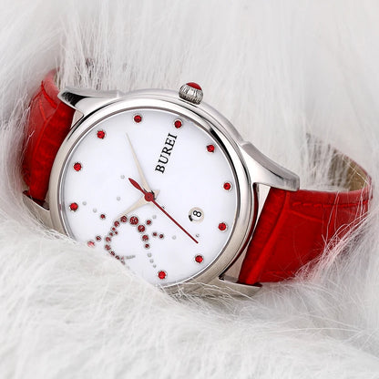 Marca BUREI, relojes de pulsera de cuero de moda para mujer, reloj de pulsera de cuarzo con calendario de zafiro resistente al agua de lujo, reloj femenino