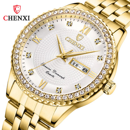 Chenxi Top Brand Luxury Golden Doubl Calendar Watch Men Wristwatch Waterproof Male Wrist Man Full Steel Clock Relogio Masculino