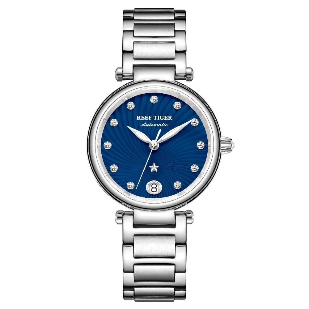 Reef Tiger/RT reloj de moda para mujer, esfera azul, pulsera de acero, relojes de cristal de zafiro, reloj automático para mujer RGA1590