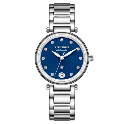 Reef Tiger/RT reloj de moda para mujer, esfera azul, pulsera de acero, relojes de cristal de zafiro, reloj automático para mujer RGA1590