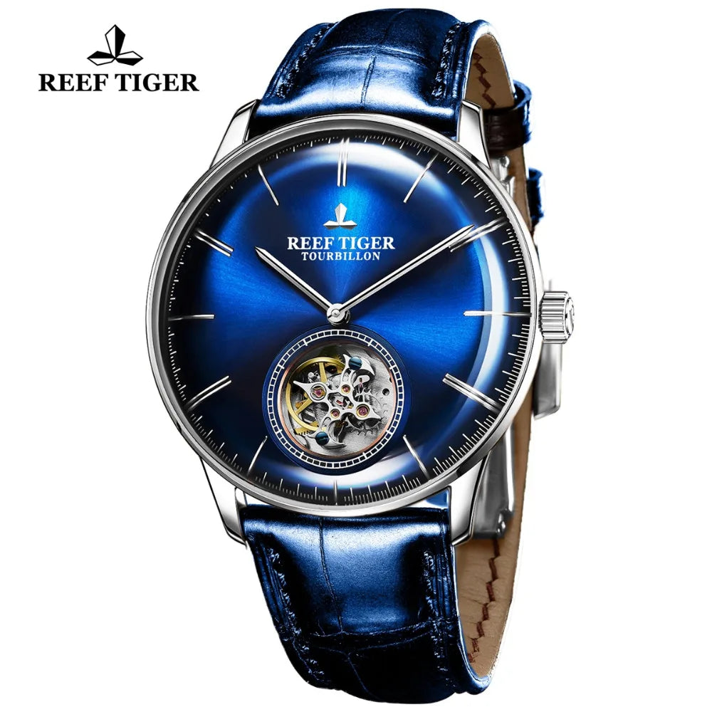 Reef Tiger/RT relojes mecánicos automáticos de marca de lujo reloj Tourbillon azul correa de cuero para hombre reloj masculino RGA1930