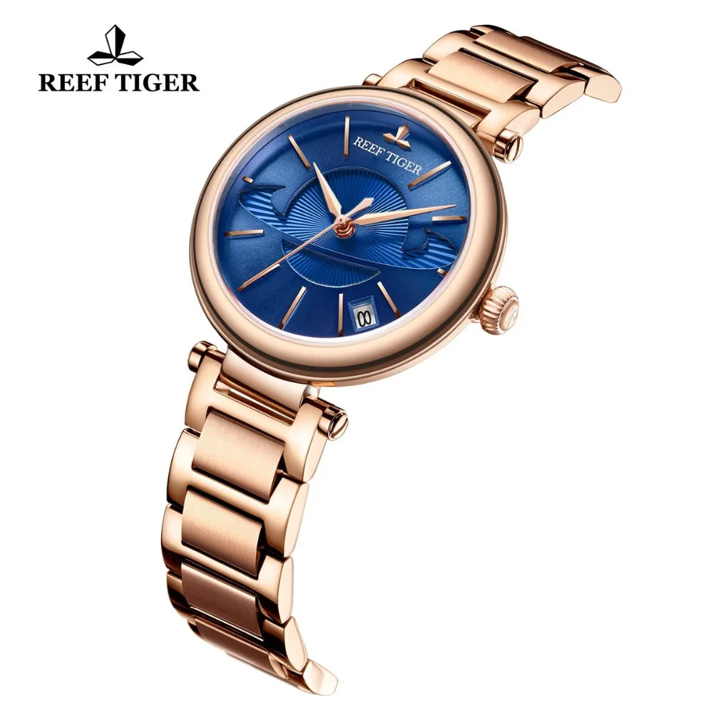 Reef Tiger/RT reloj azul de oro rosa de lujo para mujer, reloj creativo de lujo, reloj impermeable para mujer, reloj femenino RGA1591