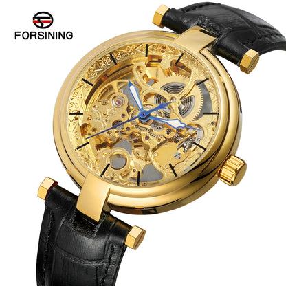 Forsining Retro Men Transparent Automatic Wrist Watch Unique Design Hollow Out Skeleton Leather Mechanical Clock Relojes Hombres