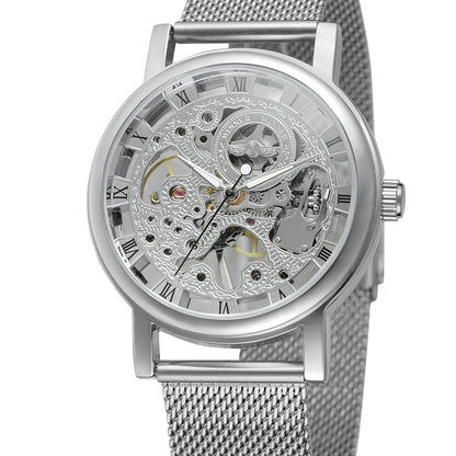 Winner Top Brand Luxury Mesh Stainless Steel Band Transparent Classic Thin Case Transparent Skeleton Mens Mechanical Wrist Watch