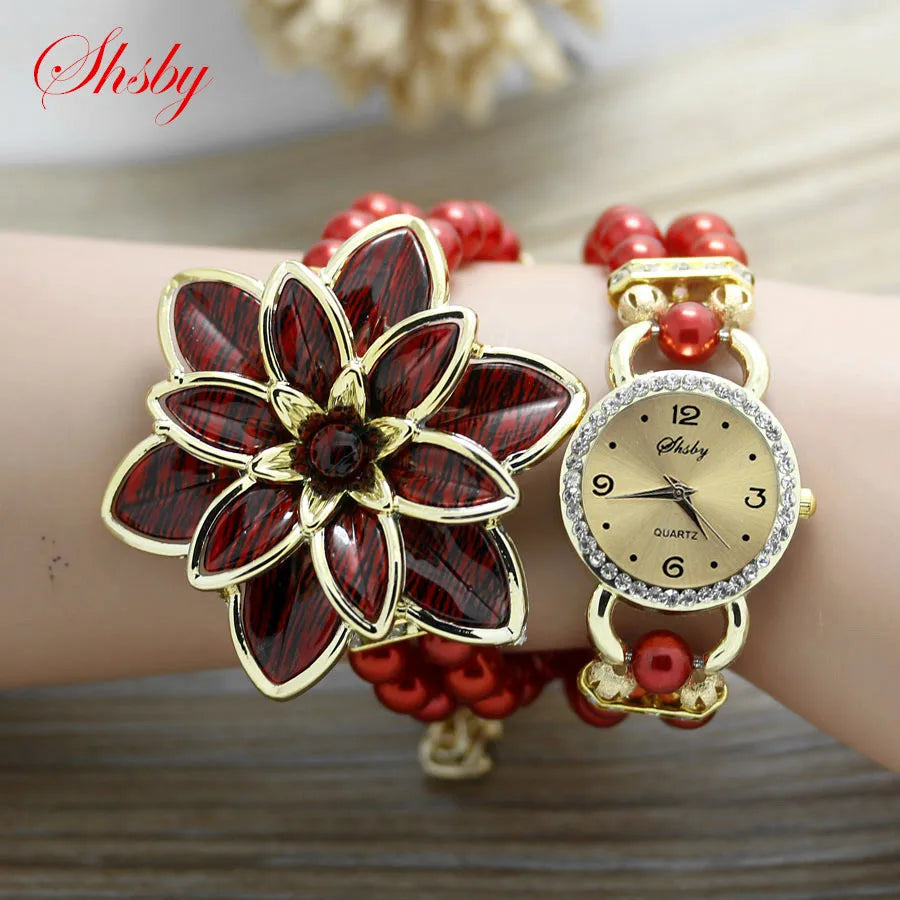 Shsby, relojes de moda para mujer con diamantes de imitación, correa de perlas para mujer, pulsera de flores de muchos pétalos, relojes de pulsera de cuarzo, relojes de vestir para mujer