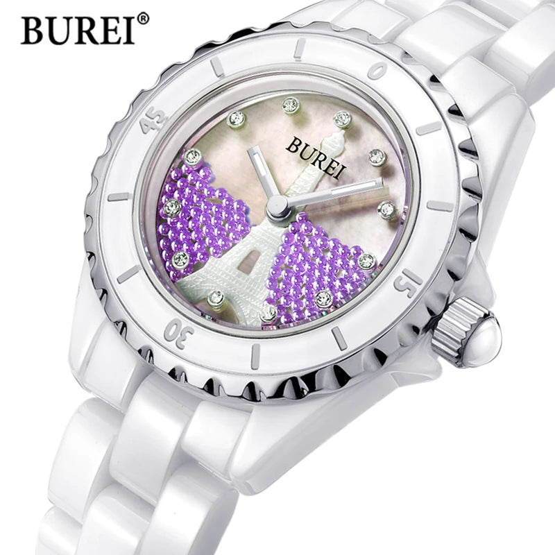 BUREI Brand Ladies Fashion Ceramic Bracelet Watch Women Luxury Waterproof Casual Crystal Quartz Wristwatch Relogio Feminino 2022