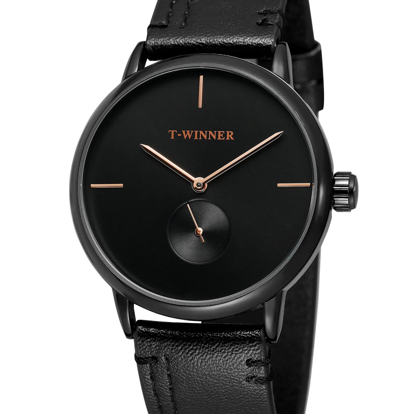 Relojes mecánicos de marca superior T-winner para hombre, correa de cuero genuino, funda negra de negocios de lujo para hombre, reloj Masculino